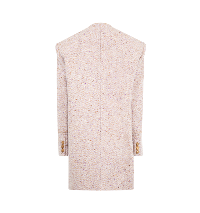 Image 2 of 3 - PINK - CHLOE Wool Blend Tweed Coat featuring single-breasted, collarless coat in chin wool tweed with jewelry buttons through front, chest and front patch pockets and fringed trims. 81% wool, 19% polyamide. Lining: 51% viscose, 49% cotton. 