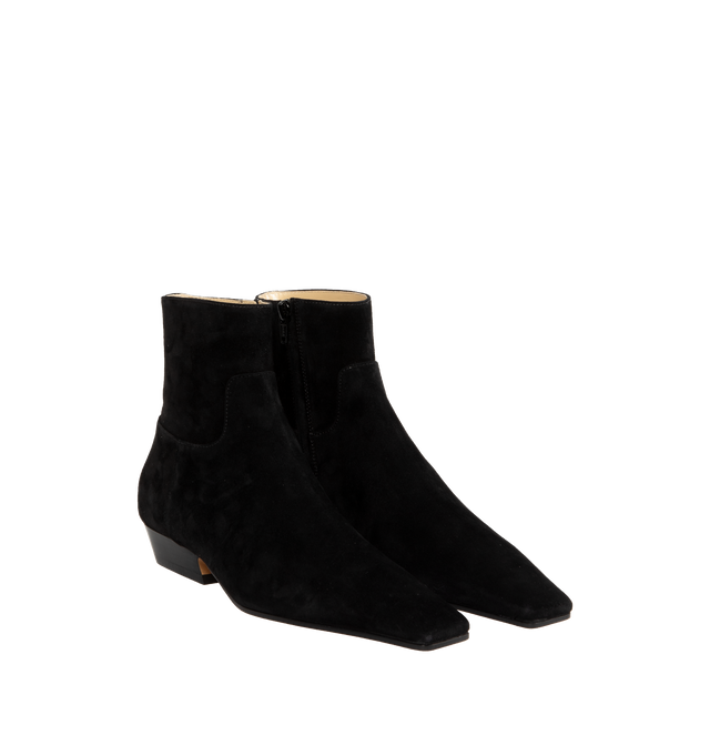 Image 2 of 4 - BLACK - KHAITE Marfa Ankle Boot featuring a square-toed boot crafted in Italy of velvety suede and refined by tonal topstitching. With low, inset heel and side zipper. 2.5 cm heel. 100% calfskin. 