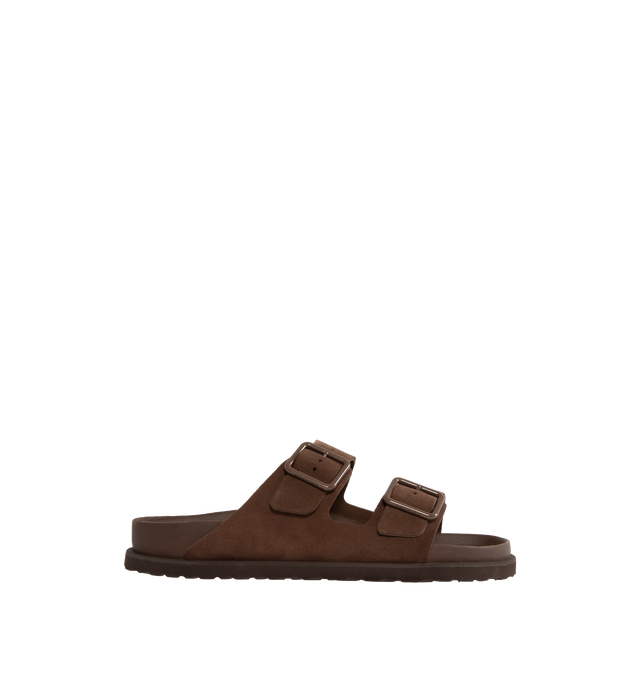 Image 1 of 4 - BROWN - Birkenstock's Arizona sandals in a regular width. The iconic Arizona sillhouette is  updated in suede featuring adjustable straps with buckle closures, logo details, shaped insole, and EVA outsole. Upper: Luxurious fine flesh out suede, a full grain leather that has been flipped to use the fuzzy side. Footbed: Anatomical shaped BIRKENSTOCK cork-latex footbed, covered with premium, color-matching smooth nappa leather. Sole: EVA outsole with a 3mm EVA welt updates the standard die-cut o 