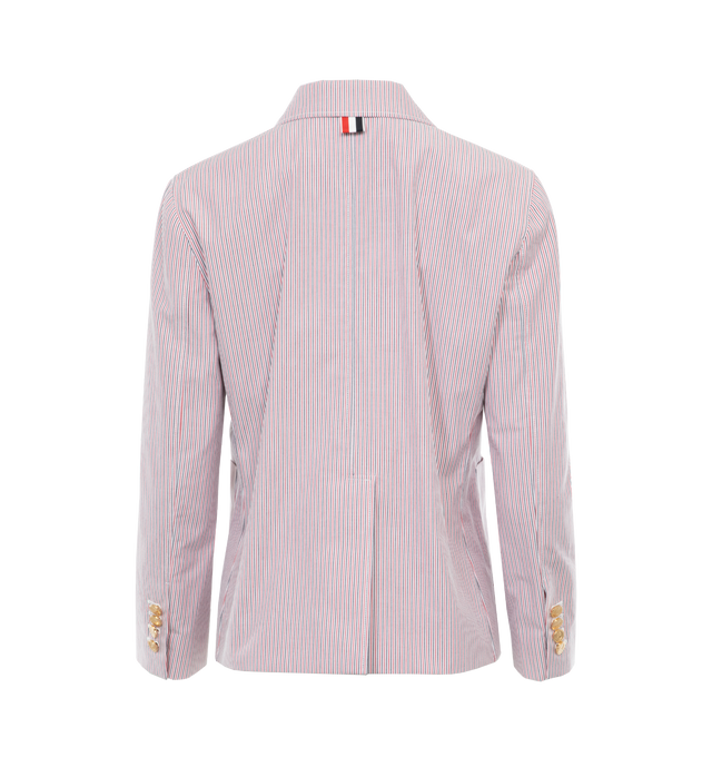 Image 2 of 3 - RED - THOM BROWNE Cropped Patch Pocket Sportcoat featuring RWB stripe, signature grosgrain loop tab, notched lapels, double-breasted button fastening, three-quarter length sleeves, buttoned cuffs, three front patch pockets and central rear ventcropped. 100% cotton.  