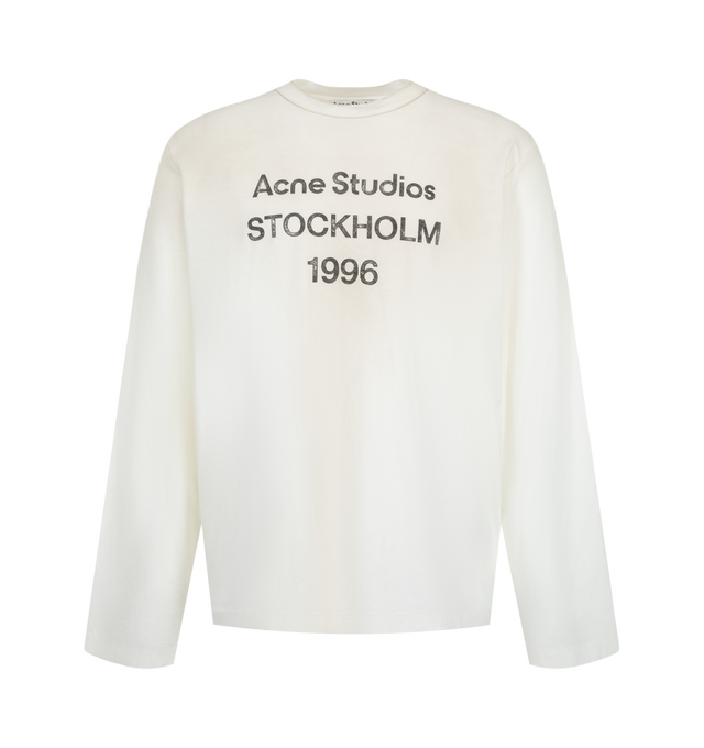 Image 1 of 2 - WHITE - Acne Studios Men's Sprayed 1996 Logo T-Shirt is crafted from a cotton-blend jersey and features a relaxed unisex silhouette with a vintage-inspired sprayed finish. Designed with a ribbed crew neckline, distressed detailing, and a spray-effect Acne Studios Stockholm 1996 logo at the chest that creates a worn-in aesthetic. Main Material: 85% Organic Cotton, 15% True Hemp. Made in Portugal. 