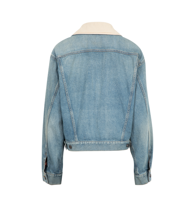 Image 2 of 3 - BLUE - THE ROW Joras Cotton Denim Jacket featuring two buttoned patch pockets at chest, dropped shoulders, buttoned cuffs, a back yoke, tack buttons closure at front, slightly cropped, corduroy contrasting spread collar, lined in soft cotton with a tartan pattern and relaxed fit. 100% cotton. Made in Japan. 