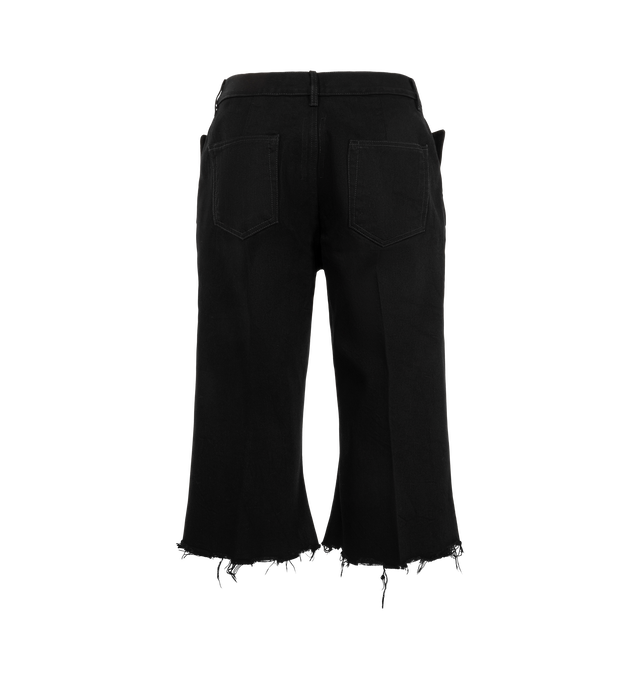 Image 2 of 3 - BLACK - Rick Owens Men's Cargo Bolan Cutoffs are crafted from 16 oz Japanese selvedge denim and feature a high-rise waist, slim fit, knee-length raw-cut hems, side slits, and an applied cargo pocket at the upper thigh. Designed with a concealed button fly, belt loops, pocket rivets, rear patch pockets, crotch whiskering, and pressed front and back leg creases, this style combines utility-inspired detailing with a streamlined silhouette. Main Material: 100% Cotton. Pocket Lining: 52% Polyester 