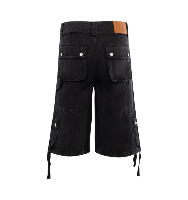 Image 2 of 3 - BLACK - UNTITLED ARTWORKS Cargo Shorts featuring a relaxed fit with wide legs, below-the-knee length, a button and zip closure, drawstring cuffs and pockets throughout. 100% cotton.  
