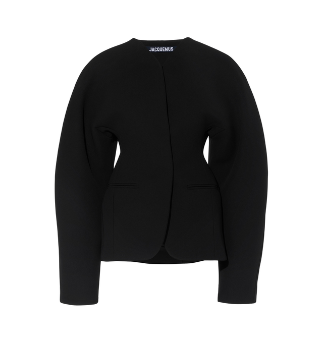 BLACK - JACQUEMUS Fitted Jacket featuring tailored fit, rounded shoulders, collarless, hidden button closure, fitted waist, jet pockets, buttoned sleeves and open back slit. 100% polyester. Lining: 100% viscose. Made in Bulgaria.