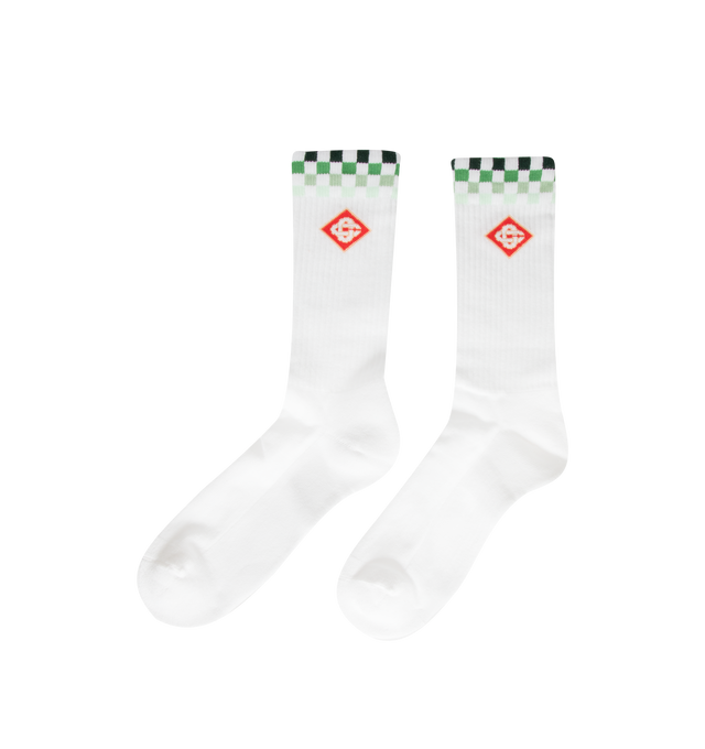Image 2 of 2 - WHITE - The Casablanca Men's Green Checkers Crew Socks are a sports-inspired design crafted from a recycled cotton-blend fabric, featuring the house's Green Checkers artwork. Completed with ribbed legs and cuffs for added comfort and structure. Composition: 87% recycled cotton 12% polyamide 1% elastane 