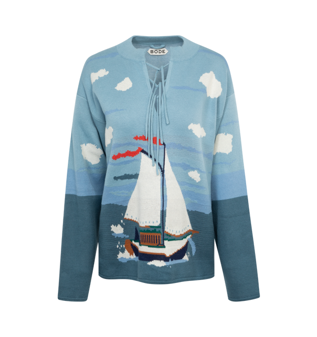 BLUE - BODE Pinafore Sweater featuring sailboat motif, jacquard, lace-up neckline and long sleeves. 100% cotton. Made in Peru.