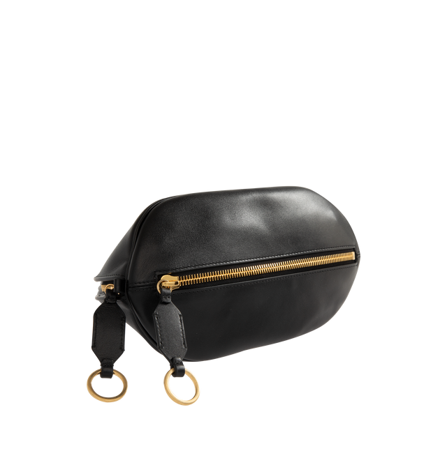 Image 3 of 4 - BLACK - BALENCIAGA Bolero Bowling Bag Mini featuring smooth calfskin, two handles with Bolero B logo, adjustable and removable strap, shoulder, crossbody and hand carry, aged-gold hardware, zipped closure with leather pull tab and ring, zipped pocket on the bottom with leather pull tab and ring, 1 main compartment and contrasting nappa lambskin lining. 11.8" x 5.1" x 6.3". Calfskin. Made in Italy. 