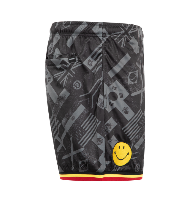 Image 3 of 4 - BLACK - MARKET SMILEY International Flags Soccer Shorts featuring elastic waistband, adjustable interior drawcord, side pockets, back pocket, ribbed leg trim, all-over printed pattern, crest logo patch on front left leg and Smiley patch on front right leg. 100% polyester. 