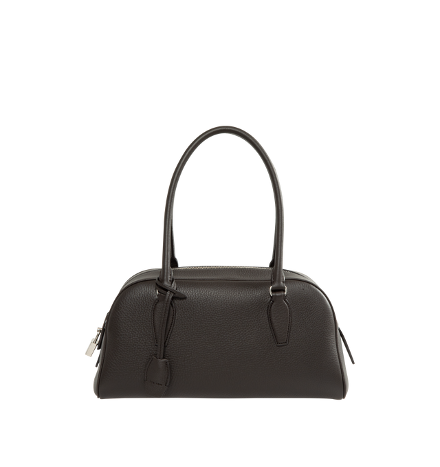 Image 1 of 3 - BROWN - The Row Women's Small E/W India Bag is crafted from textured calfskin leather and features an elongated bowling-bag silhouette, extended tubular top handles, a branded metal padlock and key, and a top zip closure. Designed for everyday use, this compact style is lined in lambskin leather and offers a streamlined profile for carrying daily essentials. Main Material: 100% Calfskin Leather. Lining: 100% Lambskin Leather. Dimensions: 29 x 15 x 11 cm / 11.4 x 5.9 x 4.3 in. Details: Extende 