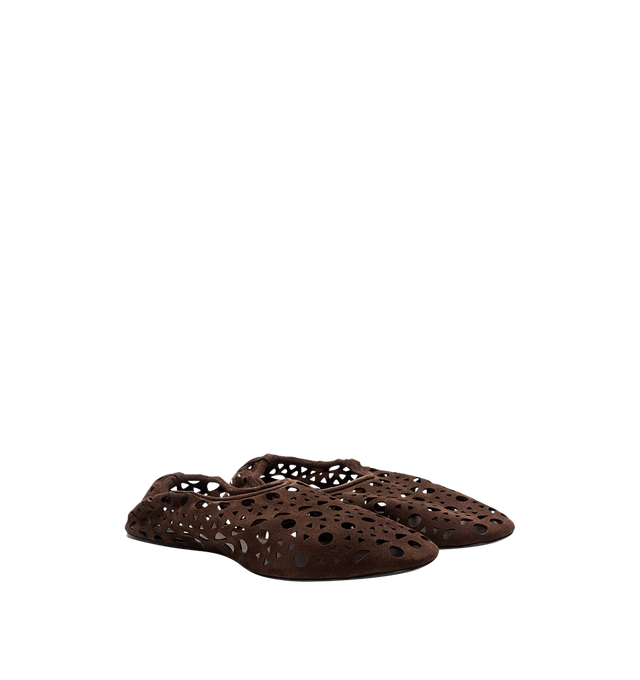Image 1 of 1 - BROWN - Alaa Women's Neo Vienne Ballet Flat Slippers are crafted from luxurious velvet calfskin suede and feature the house's signature Vienne perforated detailing, an almond-shaped toe, and a high vamp for a refined ballet-inspired silhouette. Main Material: Velvet Calfskin Leather. Made in Italy. 