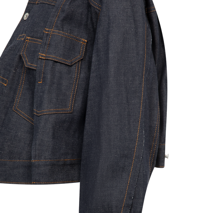 Image 3 of 3 - BLUE - SACAI Denim Jacket featuring button front closure, collar, long sleeves, trapeze fit and front flap pockets. 100% cotton.  