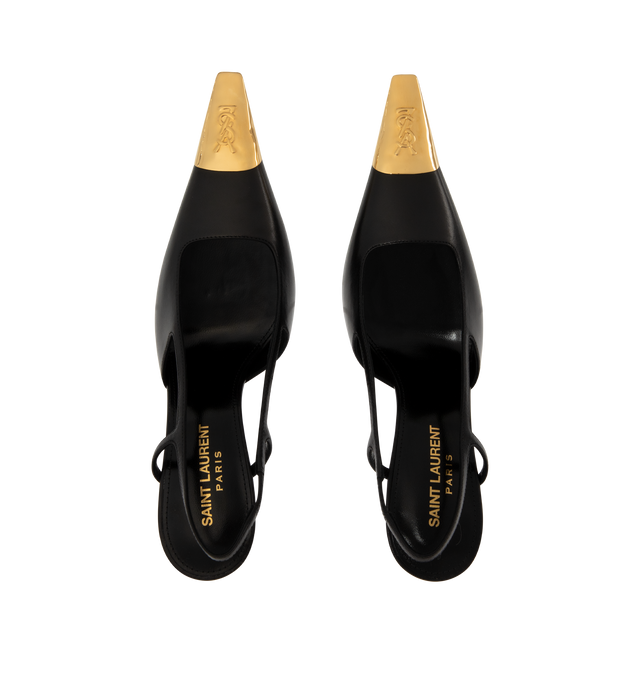 Image 4 of 4 - BLACK - Saint Laurent Womens Slingback Pumps are crafted from lambskin leather. Feature a square pointed metal cap toe with signature Cassandre martel hardware, square-cut vamp, elasticized slingback strap, stiletto heel, and leather sole. Main Material: Lambskin Leather; Hardware: Brass; Sole: Leather. Total Heel Heught: 11 cm / 4.3 inches. Made in Italy. 