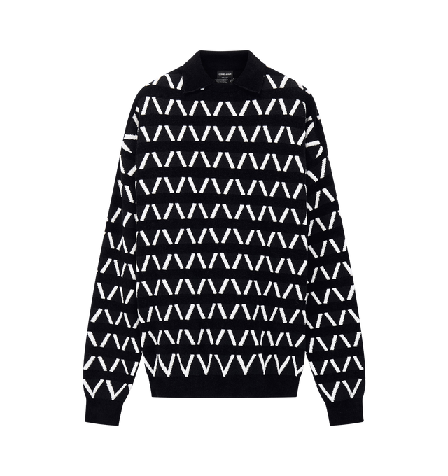 Image 1 of 1 - BLACK - Giorgio Armani Men's Oversized Jacquard Sweater is crafted from a luxurious virgin wool blend and features an oversized silhouette and a geometric woven pattern. Main Material: 60% virgin wool, 27% viscose, 7% polyamide, 6% cotton. Hems: 50% viscose, 43% polyamide, 7% elastane. Made in Italy. 