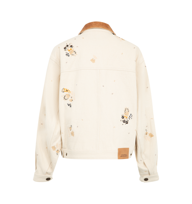 Image 2 of 3 - NEUTRAL - Isabel Marant Women's Lavine Barn Jacket is crafted from ecru cotton denim and features allover floral embroidery and sequin embellishments. The relaxed silhouette is finished with a contrasting crinkled-leather spread collar, front button closure, and welt pockets. Main Material: 100% Cotton. Trim: Leather. 