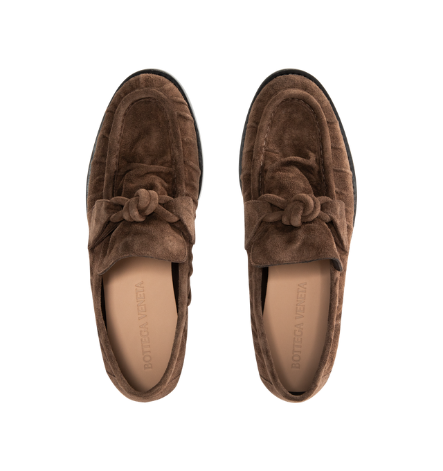 Image 4 of 4 - BROWN - BOTTEGA VENETA Astaire Loafer featuring supple crinkled suede with signature leather knot detail. Calfskin. Leather outsole. Made in Italy.  