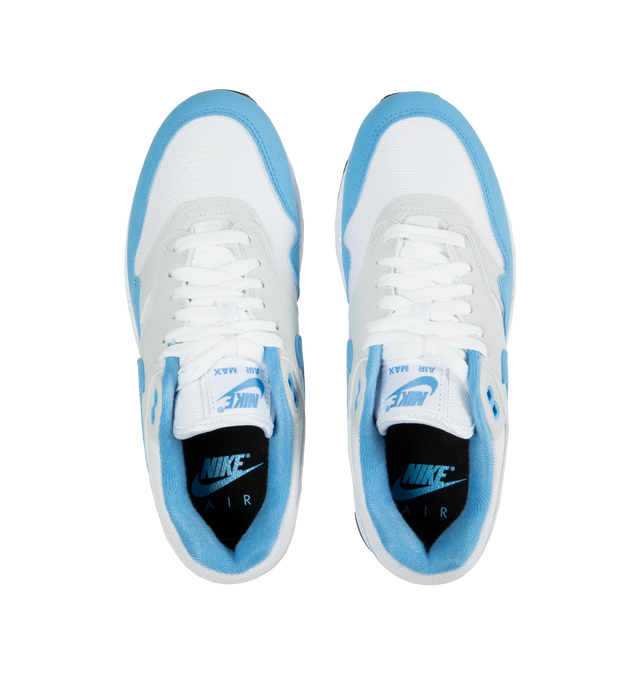 BLUE - NIKE Air Max 1 featuring premium upper, low-cut collar, full-length Polyurethane (PU) midsole, visible Max Air heel unit and solid rubber waffle outsole.
