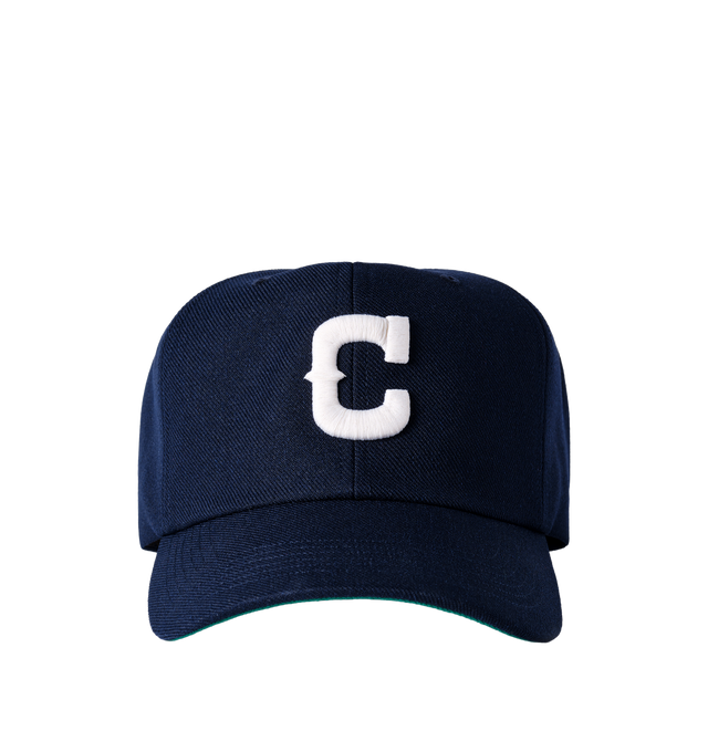 Image 1 of 6 - NAVY - Cherry LA Wool 5 Panel Hat is crafted from polyester and features a classic six-panel silhouette with embroidered detailing at the front and back. Designed with a branded flag tab at the back and an adjustable plastic snap closure, this everyday cap combines clean styling with signature Cherry LA branding.  
