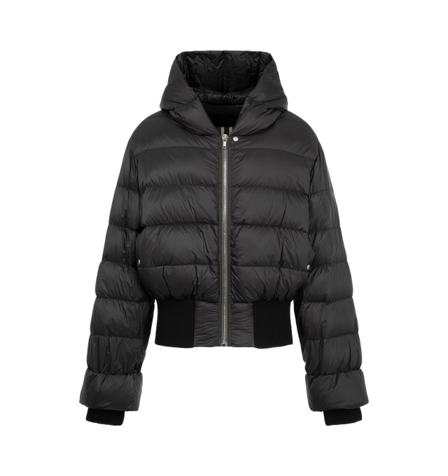 Image 1 of 3 - BLACK - Rick Owens Men's Hooded Jacket is crafted from nylon and insulated with premium down for exceptional warmth in a streamlined silhouette. Designed with a short-length cut, this hooded jacket features a metal front zipper and knit wool detailing that enhances comfort and structure. Combining functional cold-weather performance with Rick Owens' signature minimalist aesthetic, it offers a refined outerwear option for everyday wear. Main Material: 100% Nylon. Knit Trim: 100% Wool. Padding: 