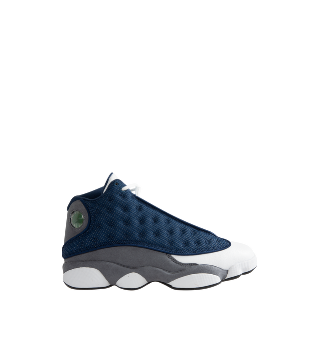 Image 1 of 5 - BLUE - Men's Jordan 13 "Flint 2020" Sneakers feature a premium leather upper with Flint Grey nubuck overlays, French Blue reflective ballistic mesh panels, and the signature holographic emblem for an iconic heritage design. These lifestyle sneakers combine responsive cushioning, a supportive midsole, and a durable rubber outsole for lasting comfort, stability, and everyday traction. Main Material: Leather, Nubuck, and Textile. Midsole: Cushioned Foam. Sole: Rubber.  