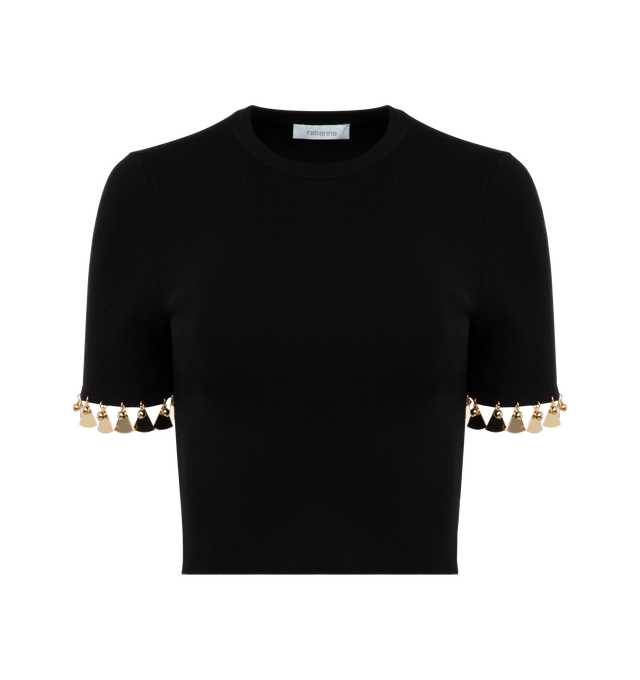 Image 1 of 1 - BLACK - RABANNE Embellished Sweater featuring short sleeves, round neck and embellished with golden metallic studs on the sleeves. 70% cotton, 30% silk. 