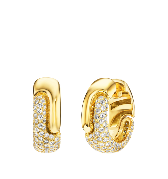 Image 3 of 3 - GOLD - Pamela Zamore Holos Round Hoops with Diamonds is crafted from 16.8g of 18K yellow gold with 3ct diamonds with a 22 mm drop. Holos, meaning whole in ancient Greek, explores the concept of balance and unity, featuring two sculptural halves of a piece interlocking to become one. 