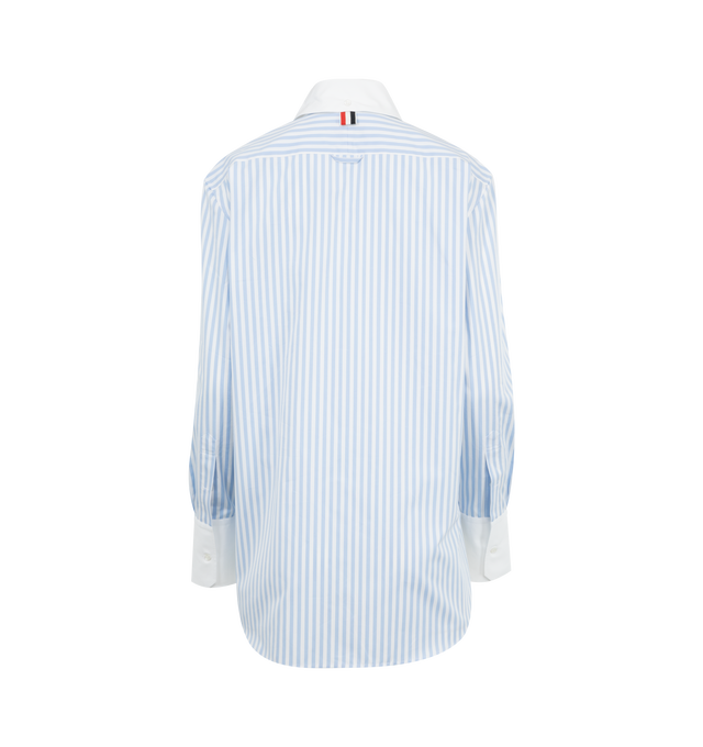 Image 2 of 2 - BLUE - THOM BROWNE Exaggerated Collar Easy Fit Cotton Button-Up Shirt featuring front button closure, name tag applique above hem, contrast collar and cuffs, back locker loop and signature striped grosgrain loop tab. 100% cotton. Made in Italy. 