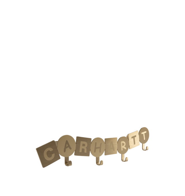 Image 2 of 3 - GOLD - CARHARTT WIP ABC Wall Coat Hanger featuring stainless steel with gold-tone plating, four hooks, engraved lettering and screws and dowels are included, which can be used to attach the hanger to the wall. 304 Stainless Steel. 15 x 8.5 x 1.8 inch. 
