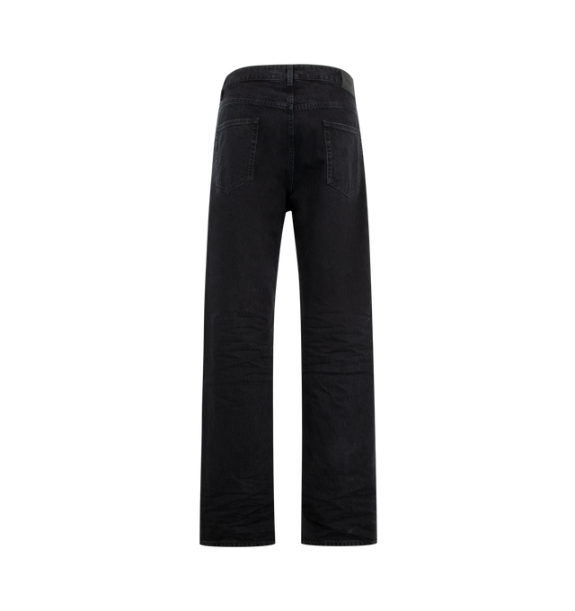 Image 2 of 3 - BLACK - Saint Laurent Men's Relax Tapered Jeans are crafted from pure cotton denim with a washed black finish that creates a naturally worn-in appearance and added depth of color. Designed with a relaxed fit that tapers toward the hem, these designer jeans feature classic five-pocket construction, belt loops, a front button closure, and a Saint Laurent Paris embossed leather logo patch at the back waistband. Main Material: 100% Cotton. Fit: Relaxed Tapered. Closure: Button Front. Pockets: Fiv 