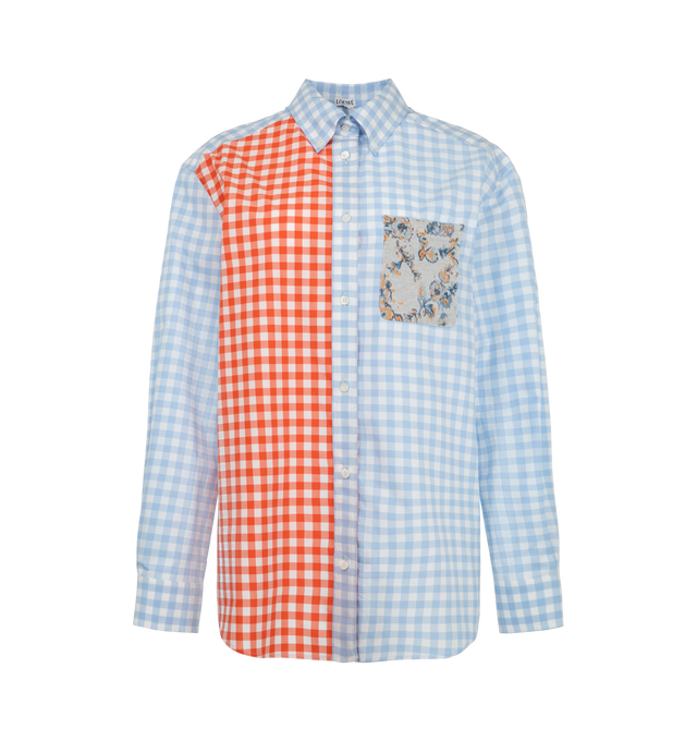 Image 1 of 2 - BLUE - Loewe Women's Gingham Button-Down Shirt is crafted in a lightweight cotton featuring a contrasting patchwork art and prints. This shirt is part of the LOEWE x Cosima Von Bonin collection. Features: Regular fit, regular length, Button-down collar, Contrast jacquard chest patch pocket, Double L embroidery placed on the chest pocket. 