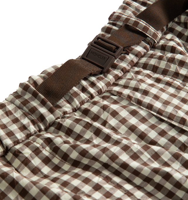 Image 2 of 3 - BROWN - MONCLER Vichy Cotton Blend Shorts featuring crinkled vichy cotton blend, cotton twill lining, adjustable waistband, belt with buckle, zipper closure, welt pocket at the back and logo details. 52% cotton, 48% polyester. 