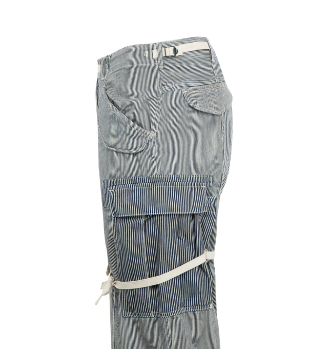 Image 3 of 4 - BLUE - R13 Cropped Cargo Pant featuring drawstring cuffs, button closure and zip fly, stripes throughout and cargo pockets. 100% cotton. 