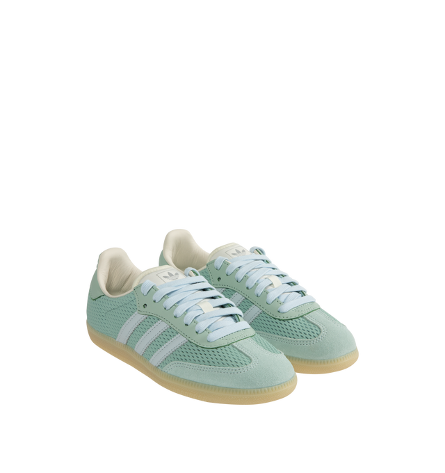 Image 2 of 5 - GREEN - Adidas OG Sambas Sneakers are a lace-up style with mesh-like leather upper, smoothly lined with textile and leather and rubber outsoles. Unisex style in men's sizes. 