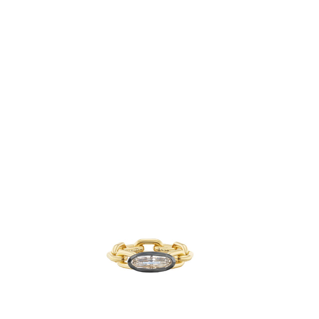 Image 1 of 2 - GOLD - Uniform Object Chain Ring featuring 10 g of 18K yellow gold with black rhodium plating and a 1.09 ct step-cut oval diamond. Size: 7. Handcrafted in New York City. Hirshleifers offers a range of pieces from this collection in-store. For personal consultation and detailed information about jewelry, please contact our dedicated stylist team at personalshopping@hirshleifers.com. 