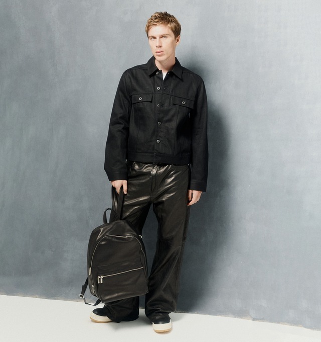 Image 2 of 5 - BLACK - Rick Owens DRKSHDW Trucker Jacket featuring spread collar, button closure, adjustable barrel cuffs, adjustable button tabs at back hem and silver-tone hardware. 100% cotton. Made in Italy. 