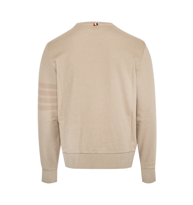 Image 2 of 2 - NEUTRAL - THOM BROWNE French Terry Sweatshirt featuring rib knit crewneck, hem, and cuffs, logo patch at front hem, stripes at sleeve and tricolor grosgrain flag at back collar. 100% cotton. Made in Japan. 