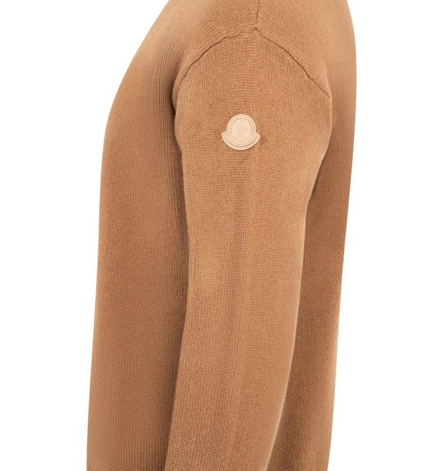 Image 3 of 3 - BROWN - MONCLER Wool & Cashmere Sweater featuring a wool and cashmere blend, crew neck, stockinette stitch, gauge 5 and leather logo patch. 90% virgin wool, 10% cashmere. 
