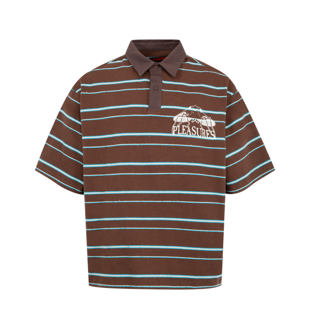 Image 1 of 2 - MULTI - Pleasures Mens Boxy Polo is crafted from heavyweight twill-back French terry. Features a boxy fit, polo collar, faux pilling effect, and printed logo graphic. Main Material: 97% Cotton, 3% Spandex. Made in China. 
