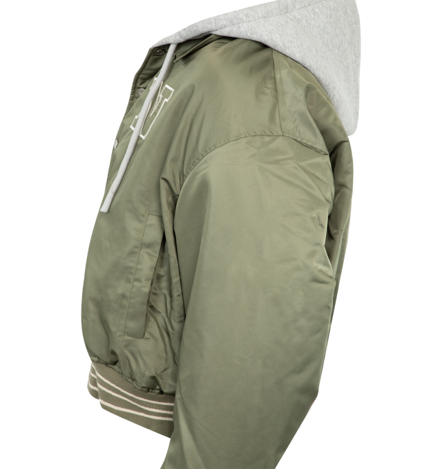 Image 3 of 3 - GREEN - NAHMIAS Nylon Hooded Bomber featuring cotton fleece hood, zip front fastening and snap closures, striped rib waistband and cuffs, N patch on front and boxy fit. 100% nylon.  