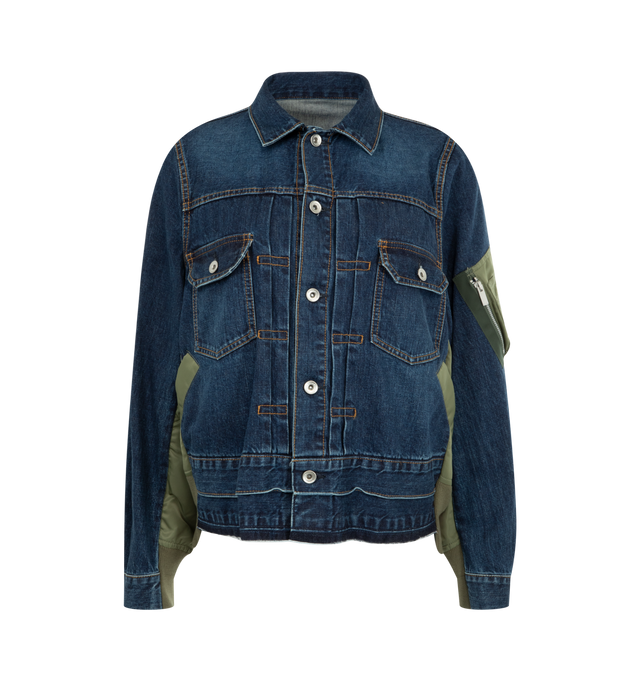 Image 1 of 3 - BLUE - SACAI Denim x Nylon Twill Jacket featuring spread collar, button closure, flap pockets at chest, tucks and welt pockets at front, partially rib-knit hem and cuffs, zip vent at side seams and utility pocket at sleeve. 100% cotton. 100% nylon. Made in Japan. 
