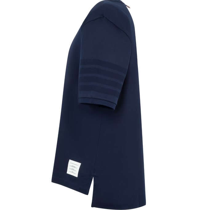 Image 3 of 3 - BLUE - Thom Browne Mens Jersey Ottoman 4-Bar T-Shirt is crafted from cotton jersey and features a rib-knit crew neckline, tonal ottoman-stitch 4-bar detailing at the sleeve, rib-knit cuffs, side vents with signature RWB grosgrain trim, a stepped hem, name tag appliqu, and the signature striped grosgrain loop tab. This designer cotton T-shirt combines a classic crewneck silhouette with iconic Thom Browne detailing for elevated everyday wear. Main Material: 100% Cotton; Combo 1: 87% Cotton, 12% 