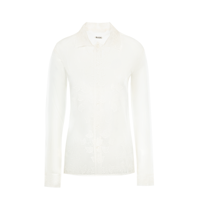 WHITE - BODE Ivy Appliqu Shirt featuring front button closure, long sleeves, collar and appliques throughout. 100% silk.