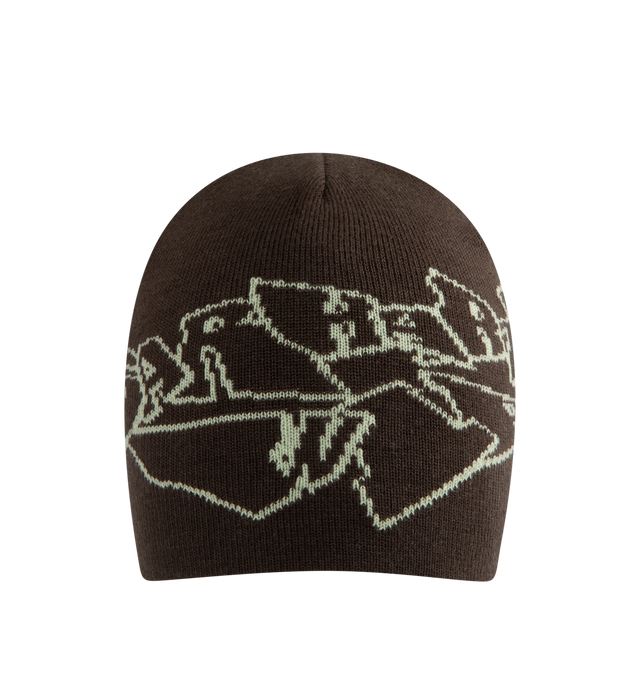 Image 1 of 2 - BROWN - CARHARTT WIP Screwed Up Scripter Beanie featuring stretchable, cotton-rich yarn with a graphic jacquard design on the front. 48% cotton, 47% acrylic, 4% nylon, 1% elastane (9 gauge). 