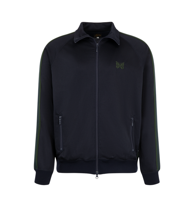 Image 1 of 3 - NAVY - Needles Men's Track Jacket is crafted from smooth polyester jersey and features the brand's signature Papillon embroidery, a front zip closure, and a relaxed-fit silhouette. Designed with excellent stretch and breathability, this sportswear-inspired style is finished with zip pockets for everyday functionality. Main Material: 100% Polyester. Made in Japan. 