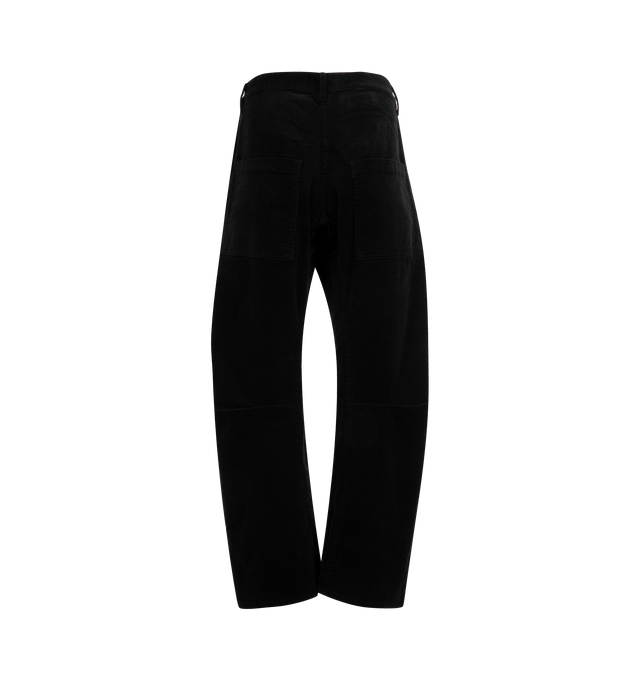 Image 2 of 3 - BLACK - NILI LOTAN Shon Pants featuring mid-rise, relaxed fit, barrel leg, curved silhouette, seam detail at knees, gusset at inseam, zip fly, hidden hook-and-bar closure, hidden stay button closure, top-stitched front and back patch pockets and belt loops. 93% cotton, 6% polyester, 1% polyurethane. Made in USA. 
