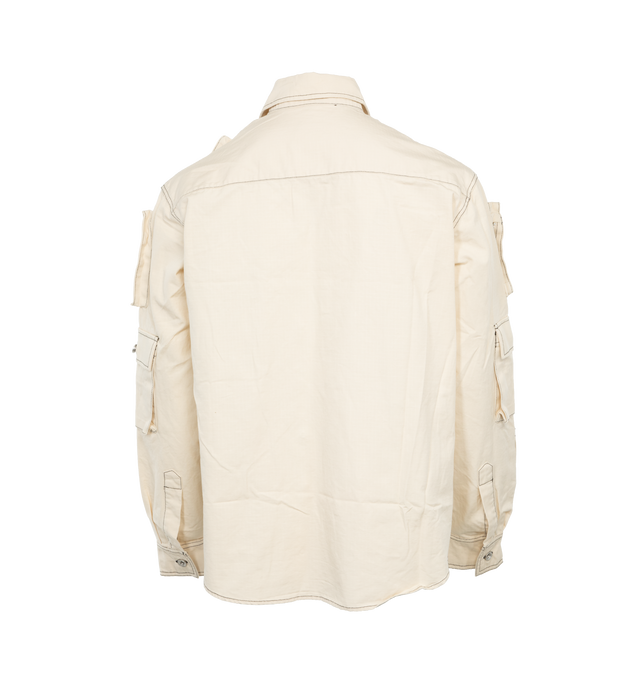 Image 2 of 3 - WHITE - WHO DECIDES WAR Tech Coat featuring cotton ripstop, zip, patch, and flap pockets throughout, spread collar, button closure, curved hem, single-button barrel cuffs, logo-engraved silver-tone hardware and contrast stitching in black. 100% cotton. Made in China. 