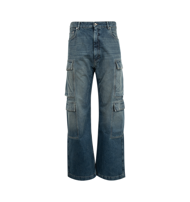 Image 1 of 3 - BLUE - RICK OWENS DRKSHDW Double Cargo Jeans featuring medium-weight denim with fading and whiskering, regular rise, five-pocket style, two flapped cargo pockets on each leg, shaping darts at inner thighs and back pockets, loose fit through straight legs, button closure and zip fly. Cotton/polyester. Made in Italy. 