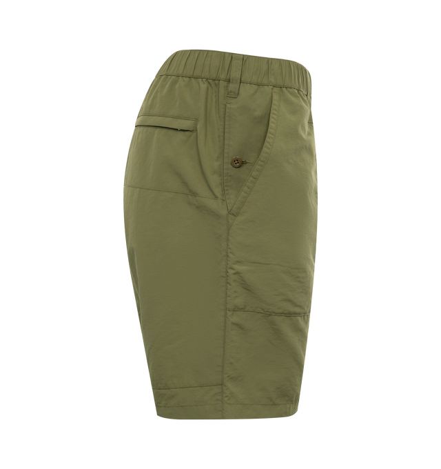 Image 3 of 3 - GREEN - HUMAN MADE Nylon Shorts featuring elasticated waist, button closure, 2 side pockets and woven brand label. 100% nylon. 