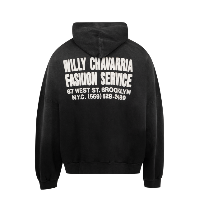 Image 2 of 2 - BLACK - WILLY CHAVARRIA Fashion Services Hooligan Hoodie featuring dropped shoulder seams, logo print on chest and back, a kangaroo pocket, ribbed cuffs and hem, and distressed detailing. 100% cotton.  Made in United States. 