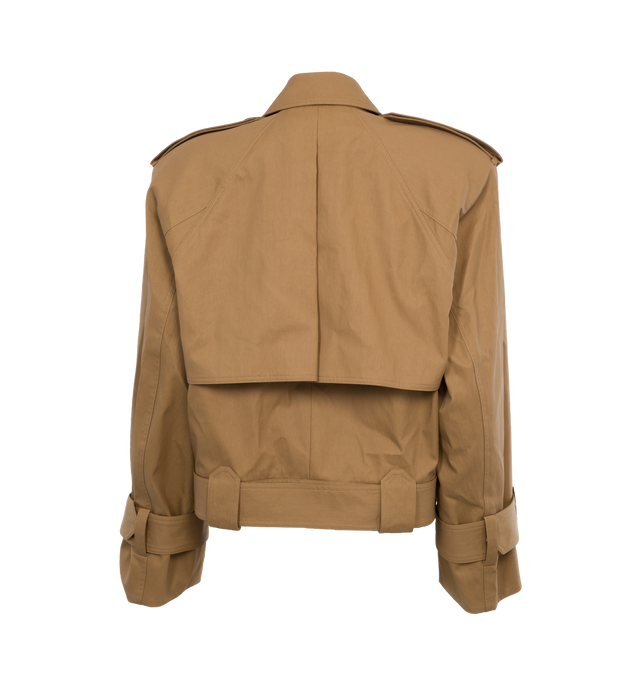 Image 2 of 4 - BROWN - KHAITE Hammond Jacket featuring cropped fit, moto accents, oversized fit, belted hem and cuffs with chrome buckles and classic trench details. 69% cotton, 31% polyamide. 